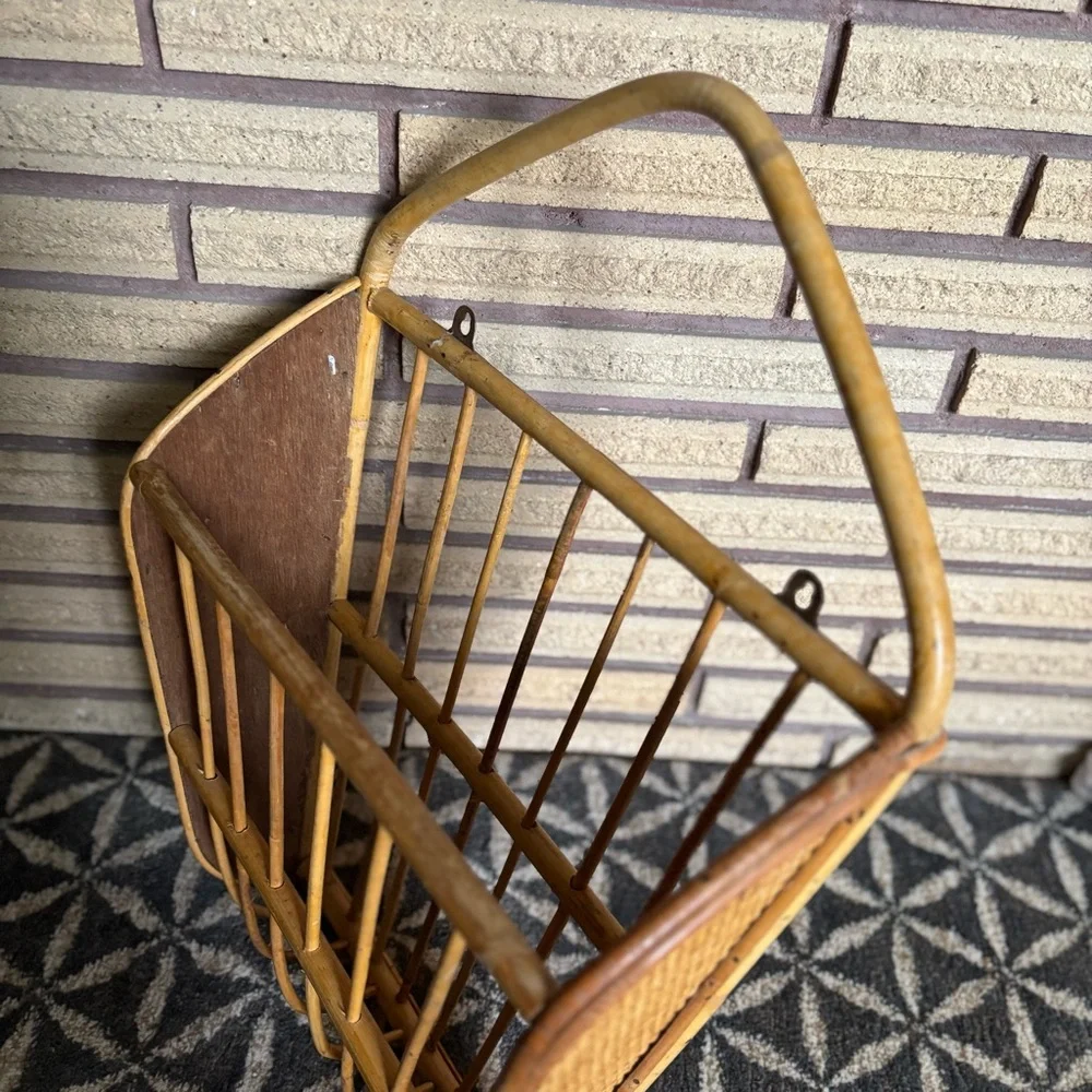70's Wall Mount Wicker Magazine Rack - Wicker Rack - Rattan Magazine Holder - Picture 8 of 14